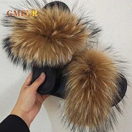 Slipper Women Summer Casual Raccoon Fur Slides House Home Fluffy Slippers Comfort Furry Flats Sweet Ladies Beach Shoes Outdoor SandalsL2404