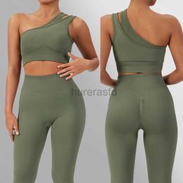 Active Sets Seamless Yoga Set Women Fitness One Shoulder Crop Top High Waist Leggings 2 PCS Sports Suits Workout Sportswear Gym Clothing 240424