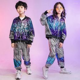 Stage Wear Street Jazz Dance Costume Performan Clothes Kid Hip Hop Clothing Sequined Coat Jacket Loosed Silver Pants For Girls Boys