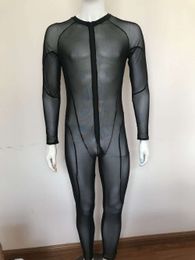 Men Transparent Mesh Full Body Bodysuit Zipper Sheer Jumpsuit Sexy Tight Gay Wear See Through Playsuit Fetish Lingerie Sleepwear