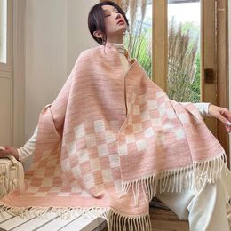 Scarves Women's Autumn Winter Korean Scarf Versatile Plaid Thickened Pashmina Imitation Cashmere Bufanda Shawls Tassels Poncho Cape