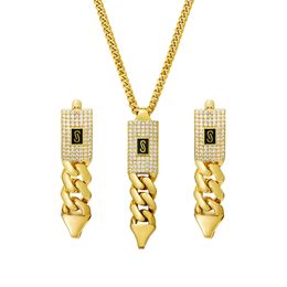 Hip Hop Stainless Steel Cuban Chain Pendant Earrings Jewelry Set 14K Gold Plated