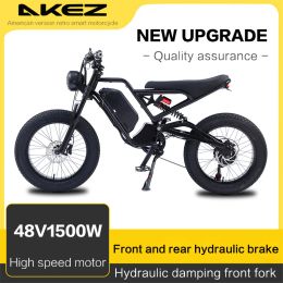 Bicycle AKEZ Electric Bike with Hydraulic Brake, OffRoad Ebike, 20*4.0, Fat Tire, 45 km/h, 7 Speed, 1500W, 48V, 18Ah, US Stock