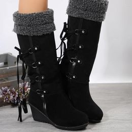 Boots Fashion Snow 2024 Winter Warm Cotton Shoes Women's Knee High Platform Wedge Heels Plus Size 42