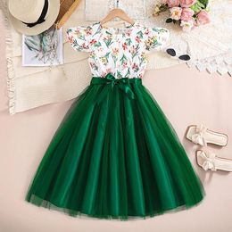 Girl Dresses Fashion Kid Summer Princess Dress Floral Print Tulle Patchwork Sleeves Round Neck A-Line 8-12 Years