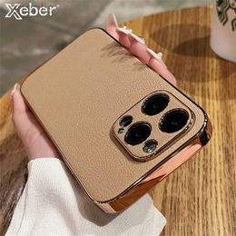 Cell Phone Cases Luxury Shockproof Lambskin Leather Plating Phone Case For iPhone 15 14 13 12 11 Pro Max Retro Lens Protection Soft Bumper Cover d240424
