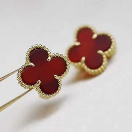 Designer Original 925 Sterling Silver Van Clover Earrings Plated with 18K Gold White Fritillaria Red Agate Sparrow Green Lucky Grass jewelry