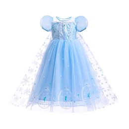 Summer girls lace tulle princess dress kids puff sleeve gauze snow pattern shawl cosplay dress children's day party costumes clothing Z7856