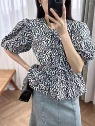 Women's Blouses Spring Summer Girls Bow Tie-up Peplum Top In Cotton Puff Sleeve Ladies Black White Cute For Women Fashion 2024