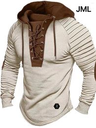 Men's Hoodies Solid Colour Casual T-shirt Top Long Sleeved Shirt Slim Fit Pleated Hood Street Vacation Lace Up Patchwork Clothing