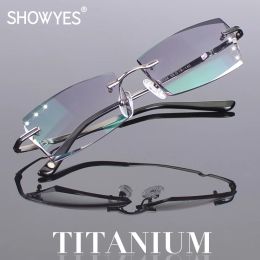 Lenses Reading Glasses Men Rimless Eyeglasses Titanium Frameless Opitical Eye Glasses Gradient Grey Diamond Cutting Reader Ti Hyperopia