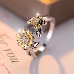 Bands Cute Female Small Bee Opening Ring Vintage Gold Color Daisy Flower Engagement Rings For Women Trendy Silver Color Bridal Jewelry