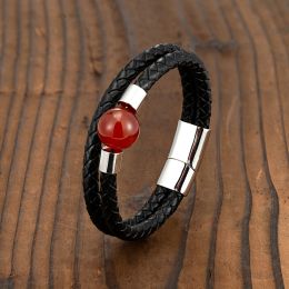 Strands 16mm round natural tiger's eye stone agate men's leather rope stainless steel magnetic bracelet