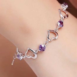 Beaded High Quality 925 Sterling Silver Bracelet Heart Purple Crystal Zircon Bracelet For Woman Party Engagement Jewelry Gift 240423