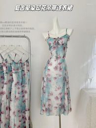 Casual Dresses Sweet Floral Dress Party Prom Blue Spaghetti Strap Sleeveless Evening Gyaru Streetwear 2000s Aesthetic