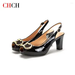 Casual Shoes CHCH Women's Sandals Summer Fashion Dress Thick Heel High Heels Black Ankle Strap Patent Leather Low