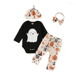 Clothing Sets Pudcoco Infant Baby Girls 4PCS Pants Black Long Sleeve Romper Ghost Pumpkin Print Hat Headband 0-12M