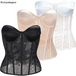 Abdominal Corset Double Layer Transparent Mesh Breathable Bustiers With Bra Lace Up Bones Bodices Beige XS TO 3XL For Dresses 240421