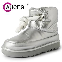 Boots Aucegi Design Anti-Water Snow Ankle Women Leisure Style Thick Bottom Slip On Round Toe Winter Handmade Shoes Silver