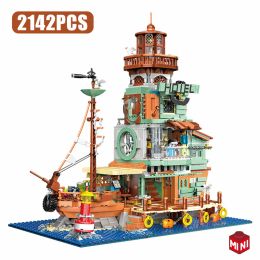 Accessories Creative Harbour Hotel Old Fishing House Ship Model Building Blocks Street View Lighthouse Houseboat With Light Mini Bricks Toys