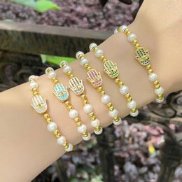 Link Bracelets Gold Color Copper Beads Elastic Hand Of Fatima Dangle Bracelet Bangle For Girls Women Lucky Friendship Jewelry Gifts