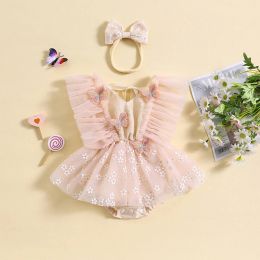 One-Pieces Baby Girls 2Pcs Summer Mesh Bodysuits Dress Newborn Outfits Sleeveless 3D Butterfly Floral Tutu Jumpsuit Headband Rompers Set