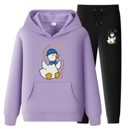 Nya män Kvinnor Tracksuit Hoodies Casual Cute Cartoon Duck Print Color Tjock Pullover och Long Pant 2-Piece Set Men Autumn Fleece Jogger Sports Suit