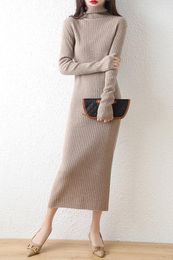 Casual Dresses Merino Wool Sweater 2024 Autumn And Winter Women's Long Turtleneck Striped Warm Knitted Over-The-Knee Dress