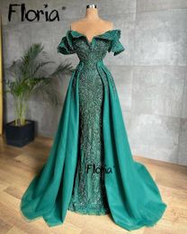 Party Dresses Green 2 In 1 Evening Dress Off Shouldler Wedding Gowns With Overskirt Dubai Ruffles Beaded Long Prom