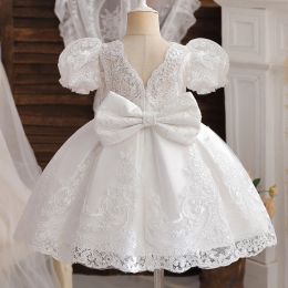 Shirts Baby Bow Birthday Princess Dress Elegant Girl Embroidery Flower Beaded White Baptism Tutu Gown Kids Formal Evening Party Costume