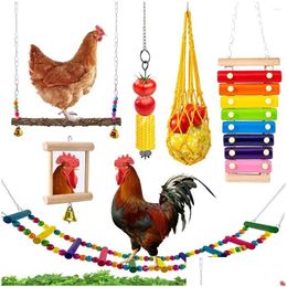 Other Bird Supplies 6Pcs Chicken Toys Set Chewing Foraging Parrot Playing Training With Wooden Swing Fruit Vegetable Hanging Feeder Dhmv9