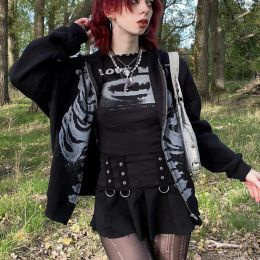 Polos E Girl Dark Academia Gothic Black Sweatshirt Skeleton Zip Up Hoodie Jacket Y2K Aesthetics Grunge Mall Goth Autumn Coats Outwear