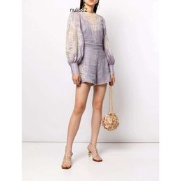 Womens Jumpsuits crew neck lantern sleeve Gathered Waist Flower embroidery One-piece linen shorts