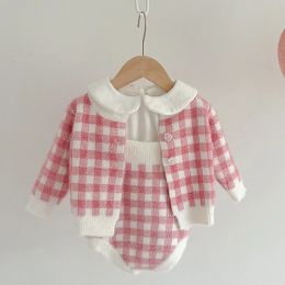 Sets Autumn Spring Newborn Baby Girls Knitting Clothing Set Plaid Long Sleeve Cardigan Coat+Sleeveless Rompers Children Clothes Suit