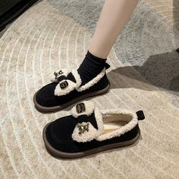 Casual Shoes Plush Flat Bottomed Cotton 2024 Autumn And Winter Bow Decoration Women's Vulcanised