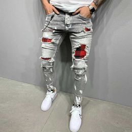 Men's Jeans New Mens Skinny Ripped Jeans Fashion Grid Beggar Patches Slim Fit Stretch Casual Denim Pencil Pants Painting Jogging Trousers 240423