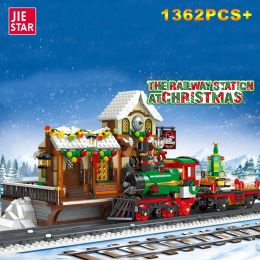 Blocks 2023 Creative Christmas Train Station Architectural Scenery Building Blocks Bricks Model Assembly DIY Toys for Kids Holiday Gift