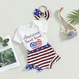 Clothing Sets Baby Girl 4th Of July Outfits Short Sleeve Romper Ruffle Shorts Bow Headband Set