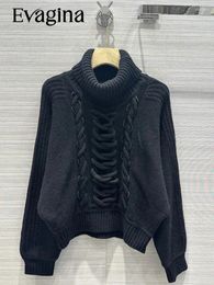 Women's Sweaters Evagina Designer Runway Spring Autumn Black Colour Loose Cashmere Pullovers Turtleneck Lace Up Lantern Sleeve