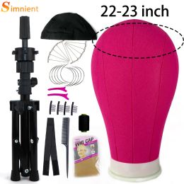 Stands 22/23''Canvas Block Head With Adjustable Tripod Training Mannequin Head Wig Stand For Wigs Making Hair With T Pin Wig Instal Kit