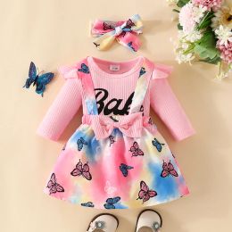 Sets Listenwind 02Y Baby Girls Skirt Set Pink Long Sleeve Letters Print Romper Butterfly Suspender Skirt Headband Fall Outfit