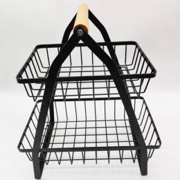 Baskets Double Layer Storage Basket Iron Folding Fruit Vegetable Basket Bowl Dish Rack Food Tableware Organiser Kitchen Accessories