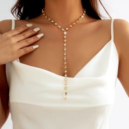 Necklaces Lacteo Fashion Metal Link With Rhinestone Choker Necklace for Women Jewellery 2023 Sexy Long Chest Chain Necklace Wedding Party