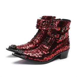 Men Dress Shoes Fashion Python Snake Skin Iron Toe Patchwork Belt Buckle Zipper Side Ankle Boots Male Leisure For Boys Party Boots