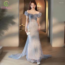 Party Dresses SSYFashion Sexy Mermaid Evening Dress For Women Slim Grey Blue Fishtail Sequins With Big Bow Prom Formal Gowns Vestido De