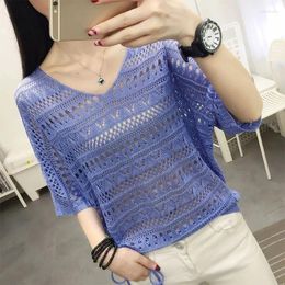 Women's Sweaters Spring Summer V-neck Short Sleeve Bat Wing Sweater Female's Thin Hollow Out Knitting Shirt Girl's Backless Tops Q211