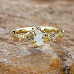 Wedding Rings Charm Plant Flower Ring Gold Colour White Fire Opal Rings For Women Zircon Wedding Bands Oval Stone Engagement Ring Jewellery Gifts