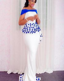 White Off Shoulder Prom Dresses With Blue Appliques Sexy Mermaid Long Prom Dress Formal Evening Gowns Custom Made Plus Size Cockta9299628