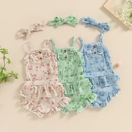 Clothing Sets Lovley Summer Born Baby Girls Clothes Sleeveless Ribbed Floral Print Button Bodysuits Ruffles Shorts Headband Outfits