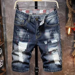 Vintage Short Jeans Men Summer Ripped Hip Hop Graffiti Male Denim Shorts Streetwear Hole Knee Length Pants 240412